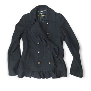 DKNY Classic Wool Blend Ruffle Peacoat Military Coat